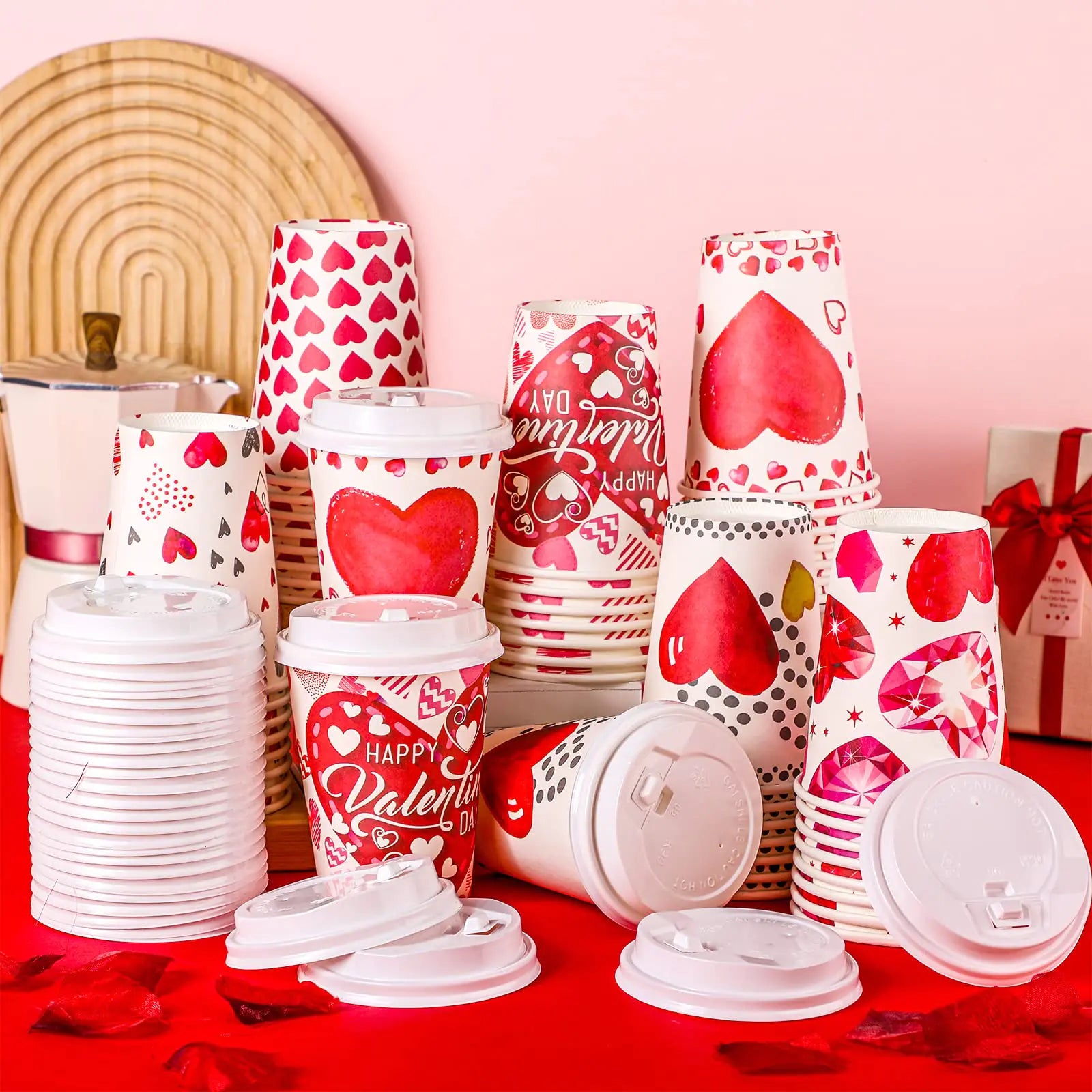 Funtery 48 Set 12 Oz Valentines Day Paper Coffee Cups with Lids Valentines Disposable Paper Cups Valentines Hot Cocoa Party Supplies for Valentines Coffee Tea Beverage6 Styles